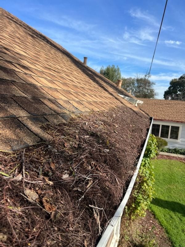 Residential rain gutter and roof edge filled with leaves and debris before professional gutter cleaning