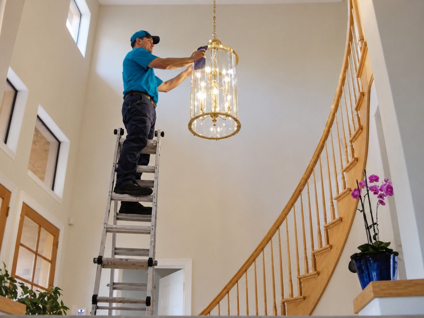 Technician on a ladder cleaning a chandelier in a home's two-story entryway