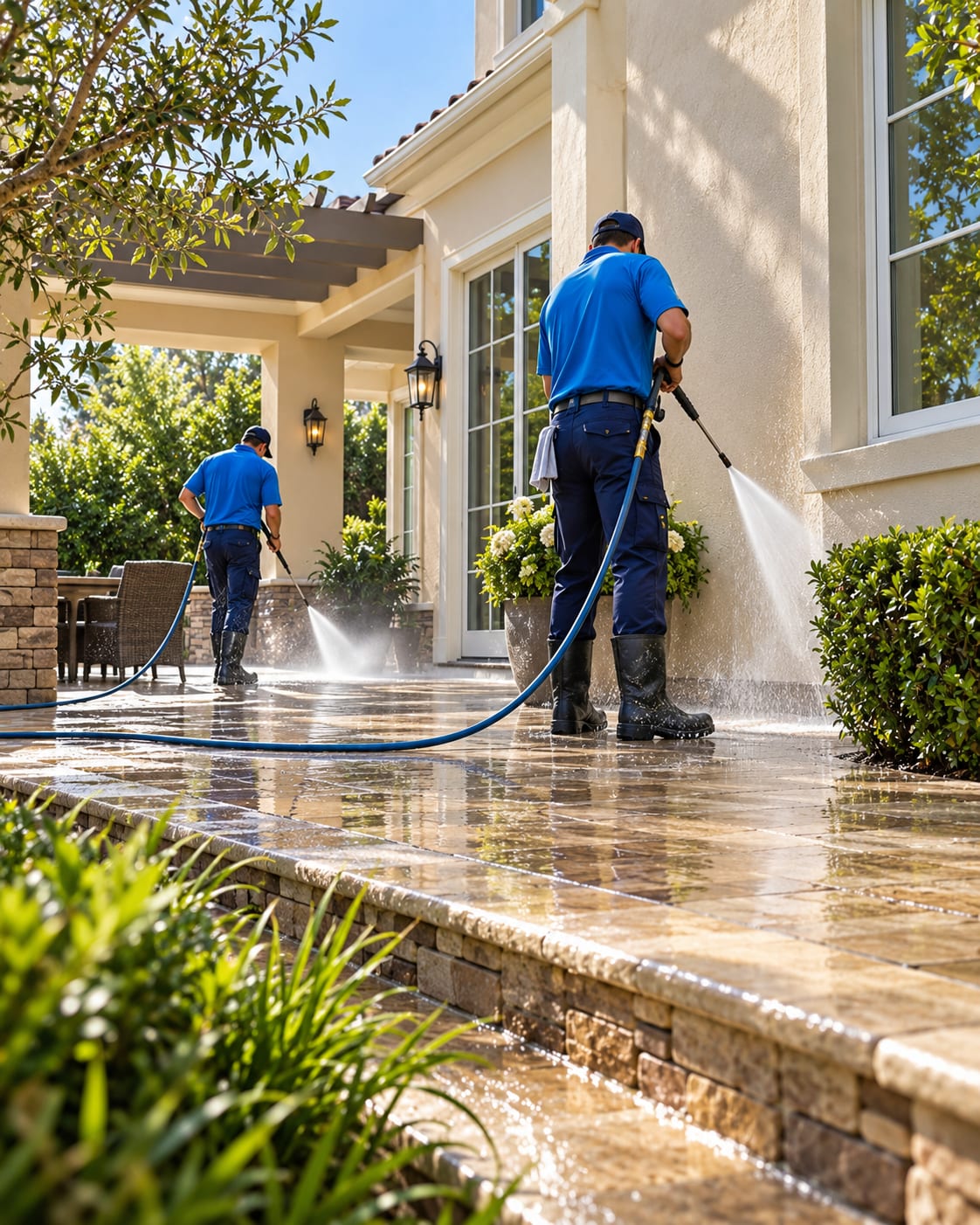 Professional technicians pressure washing an outdoor residential patio.