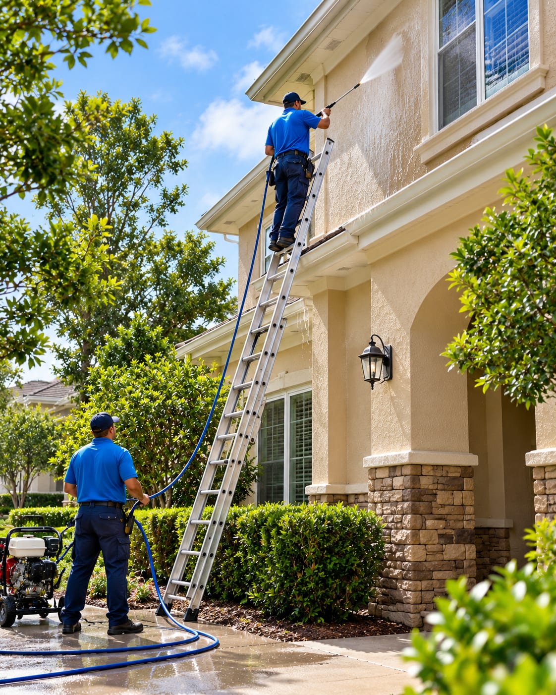 Exterior pressure washing work on a two-story residential home.