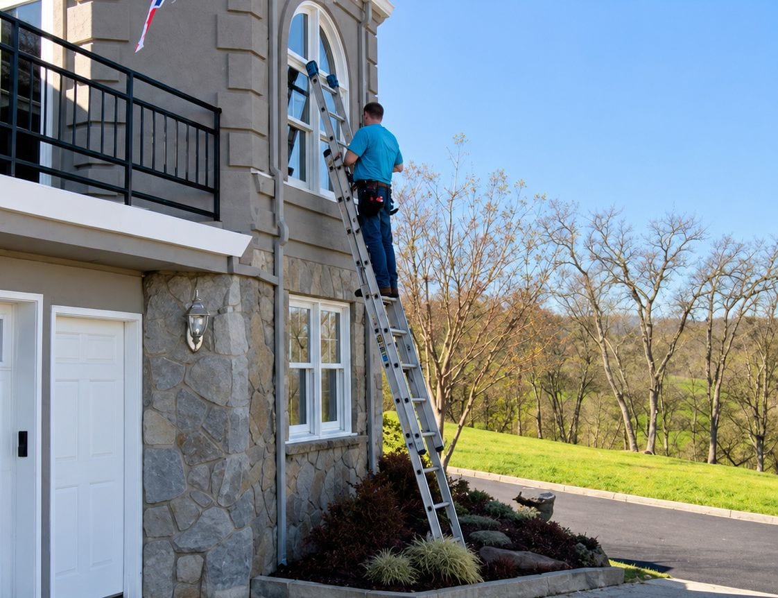 Technician on a ladder cleaning a second-story window of a residential home