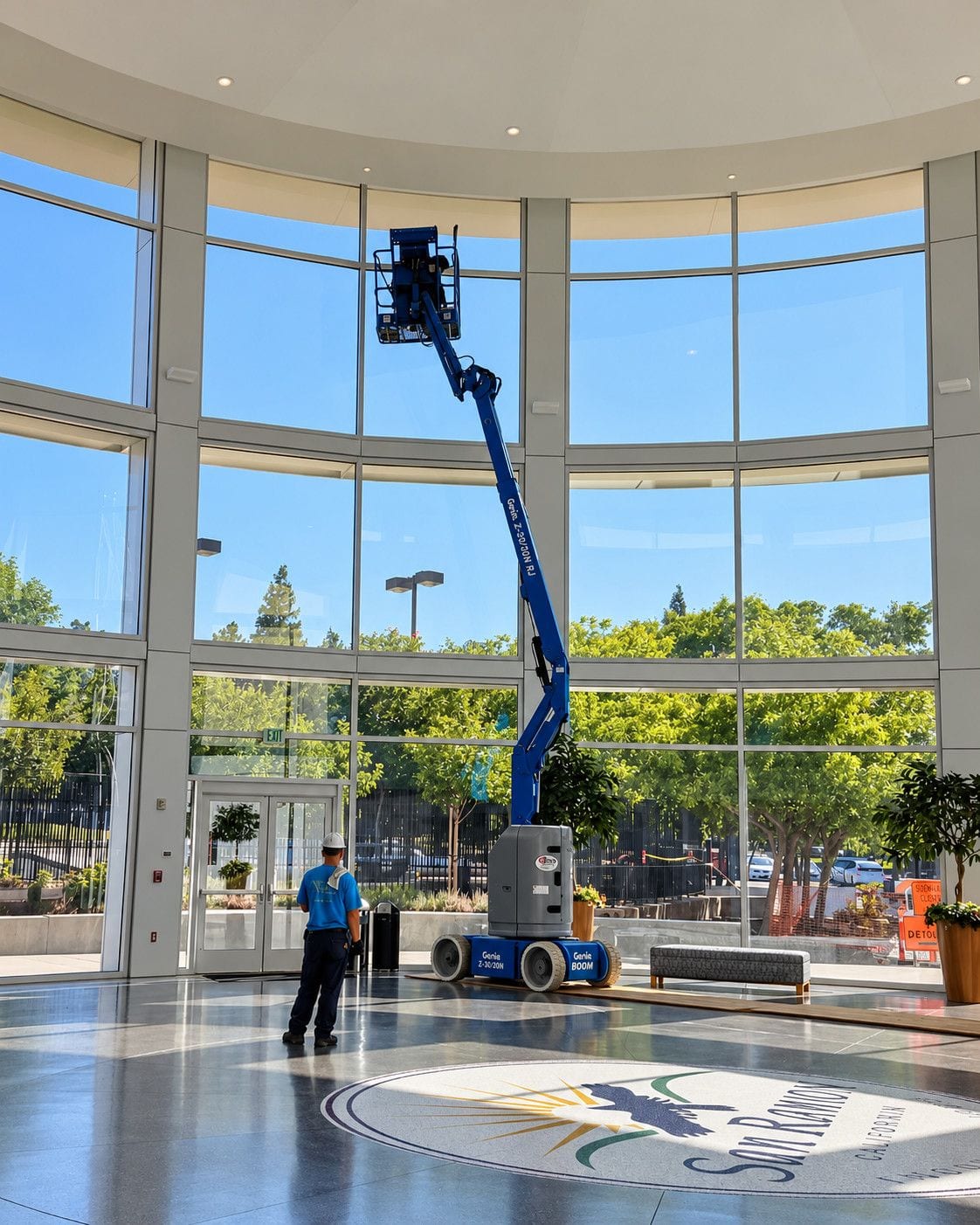 Technician using a boom lift to clean high windows in a large glass lobby