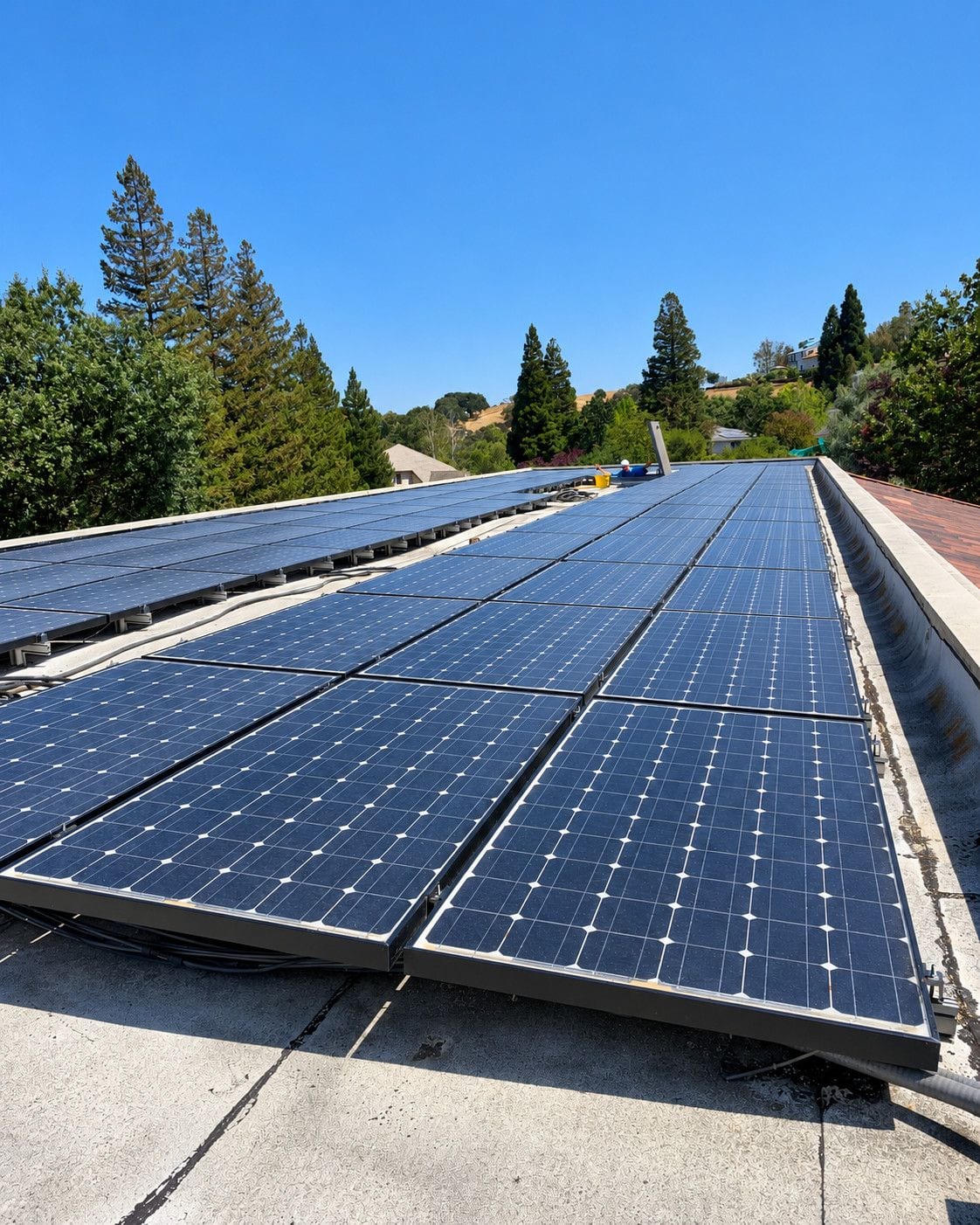 Rooftop solar panel array with a dull film of dust before cleaning